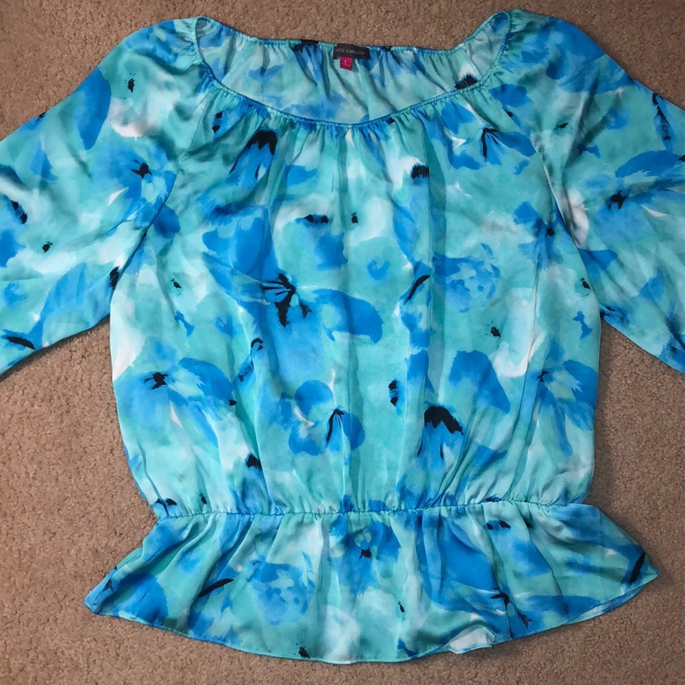 Vince Camuto Blue Floral Elastic Peplum Blouse w/ 3/4 Length Sleeves - SizeLarge